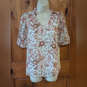 Homebody Pink‎ and Cream Floral V-Neck Short Sleeve Blouse